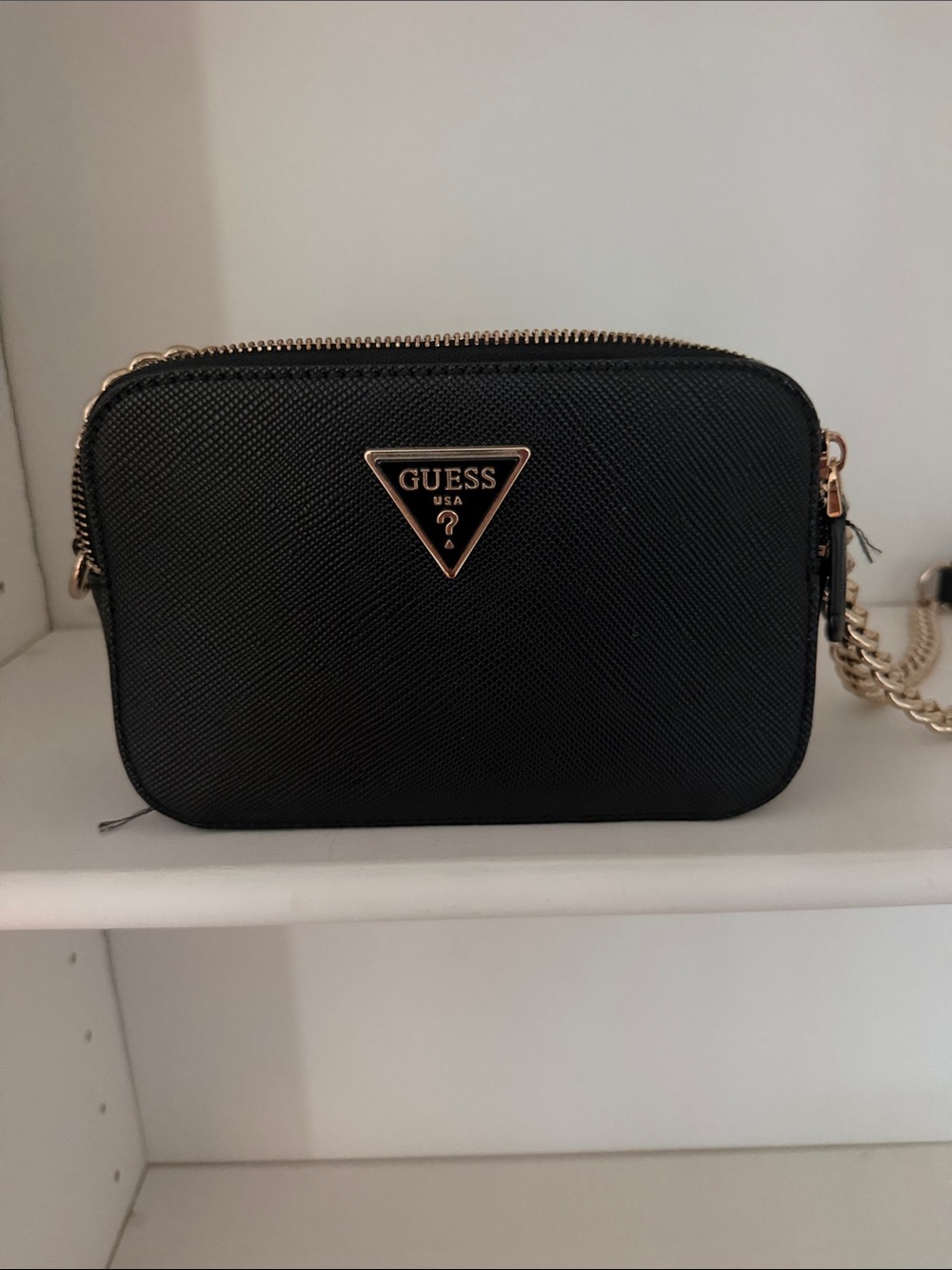 GUESS Black Crossbody with Rose Gold Triangle Logo